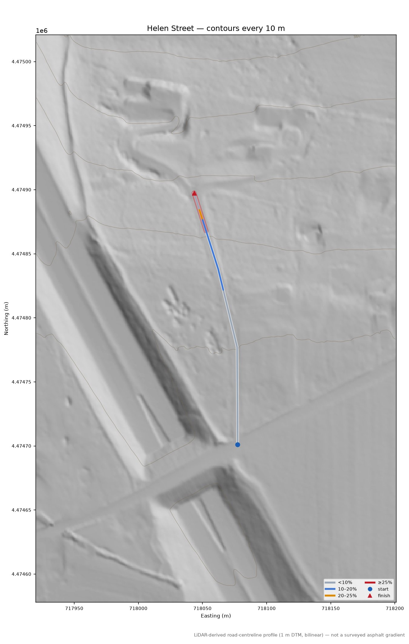 Helen Street LiDAR hillshade map with contours