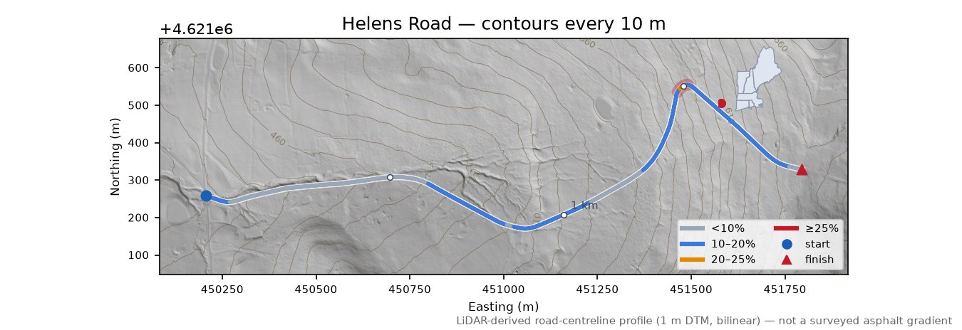 Helens Road LiDAR hillshade map with contours