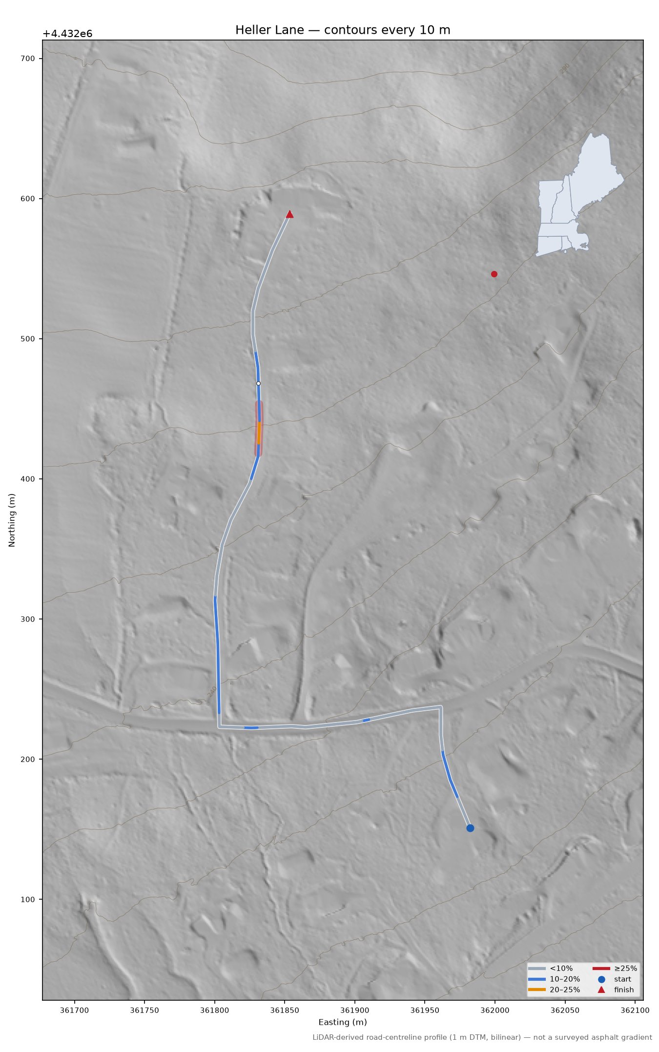 Heller Lane LiDAR hillshade map with contours