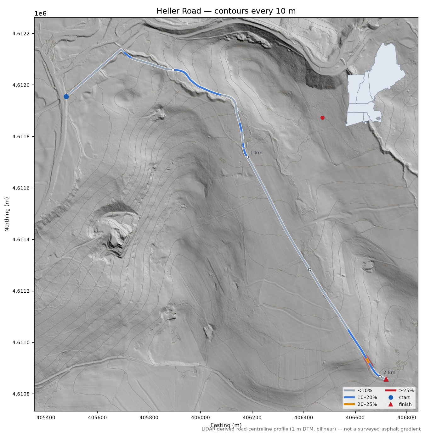Heller Road LiDAR hillshade map with contours