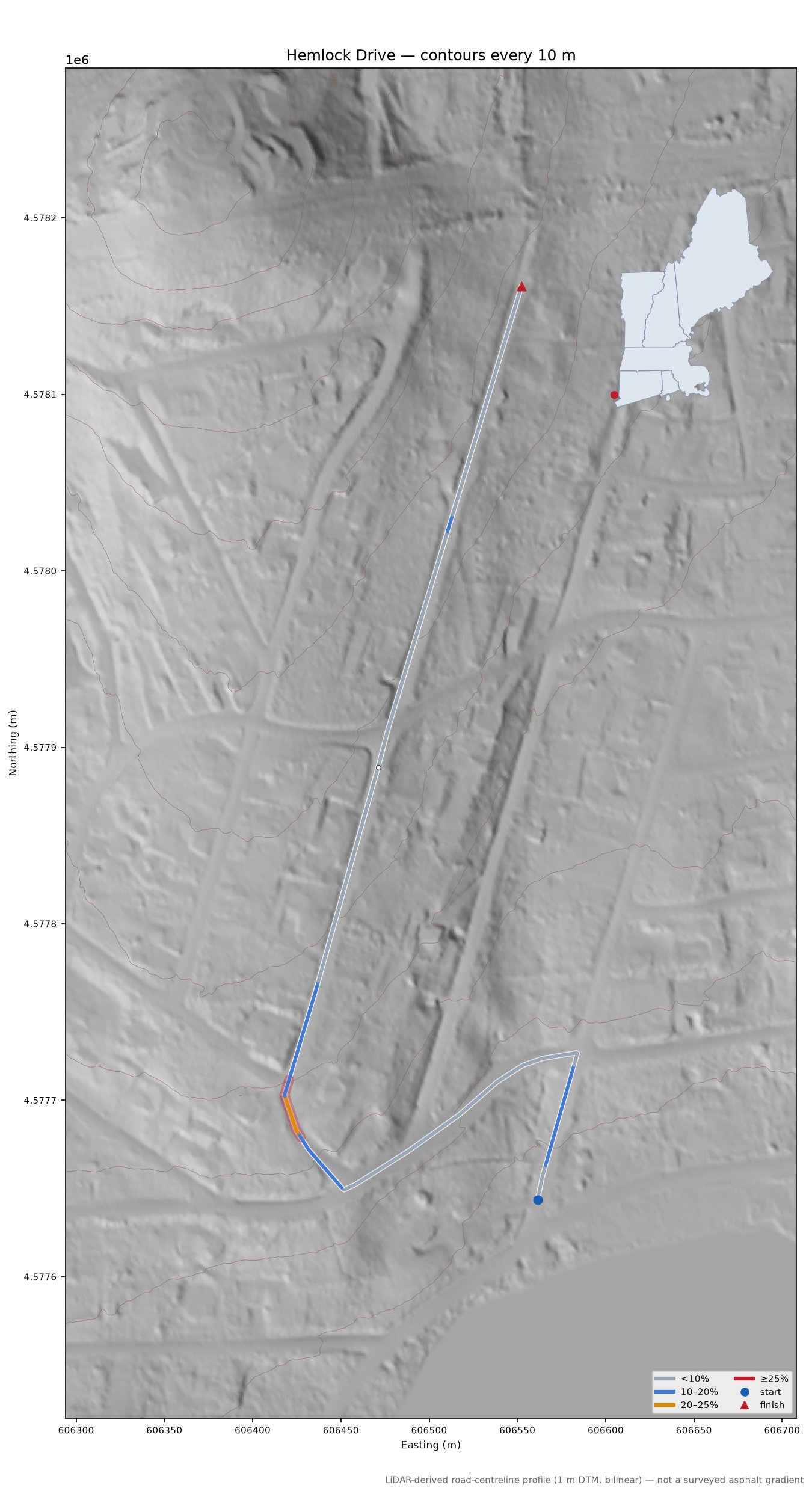 Hemlock Drive LiDAR hillshade map with contours
