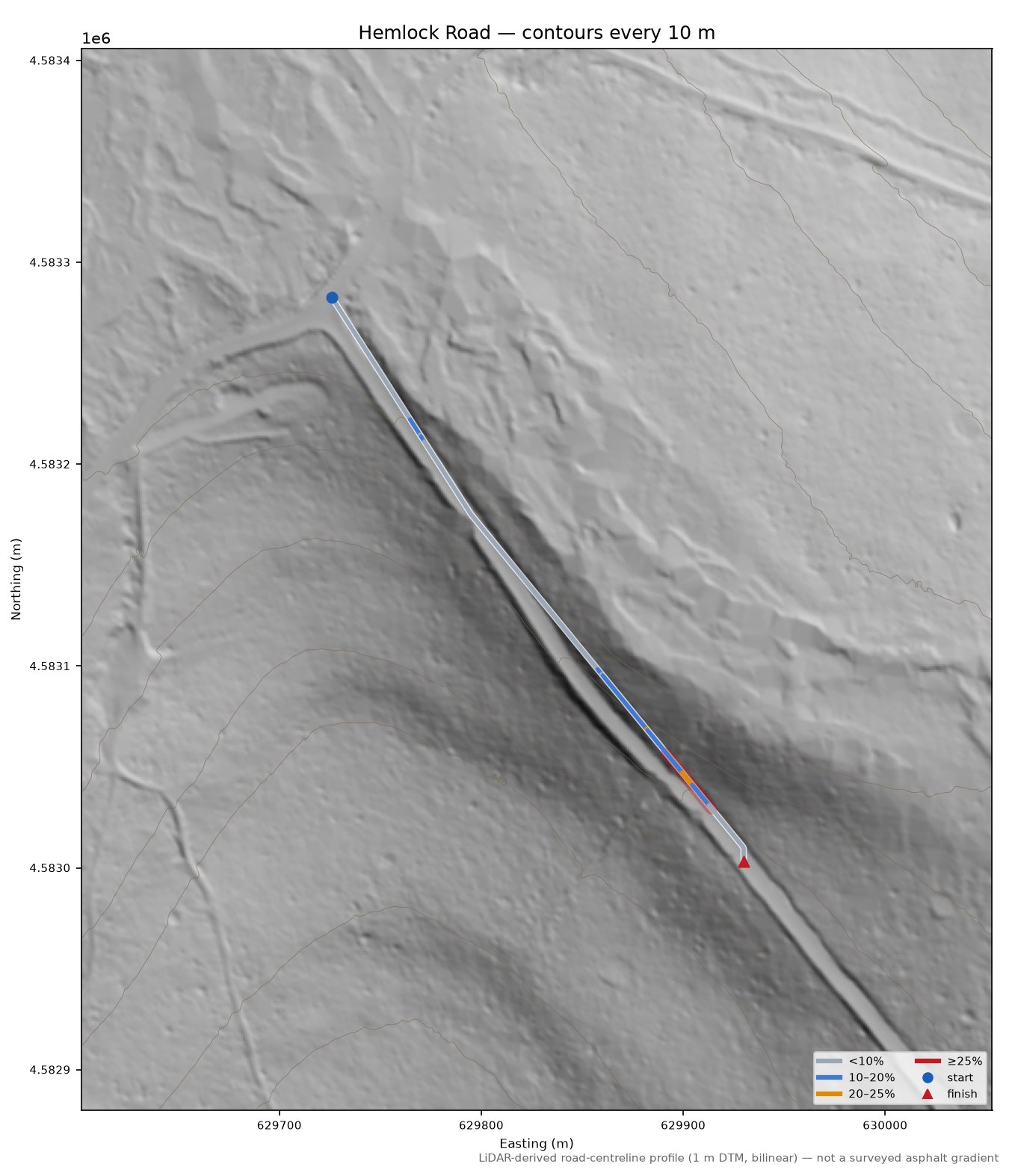 Hemlock Road LiDAR hillshade map with contours