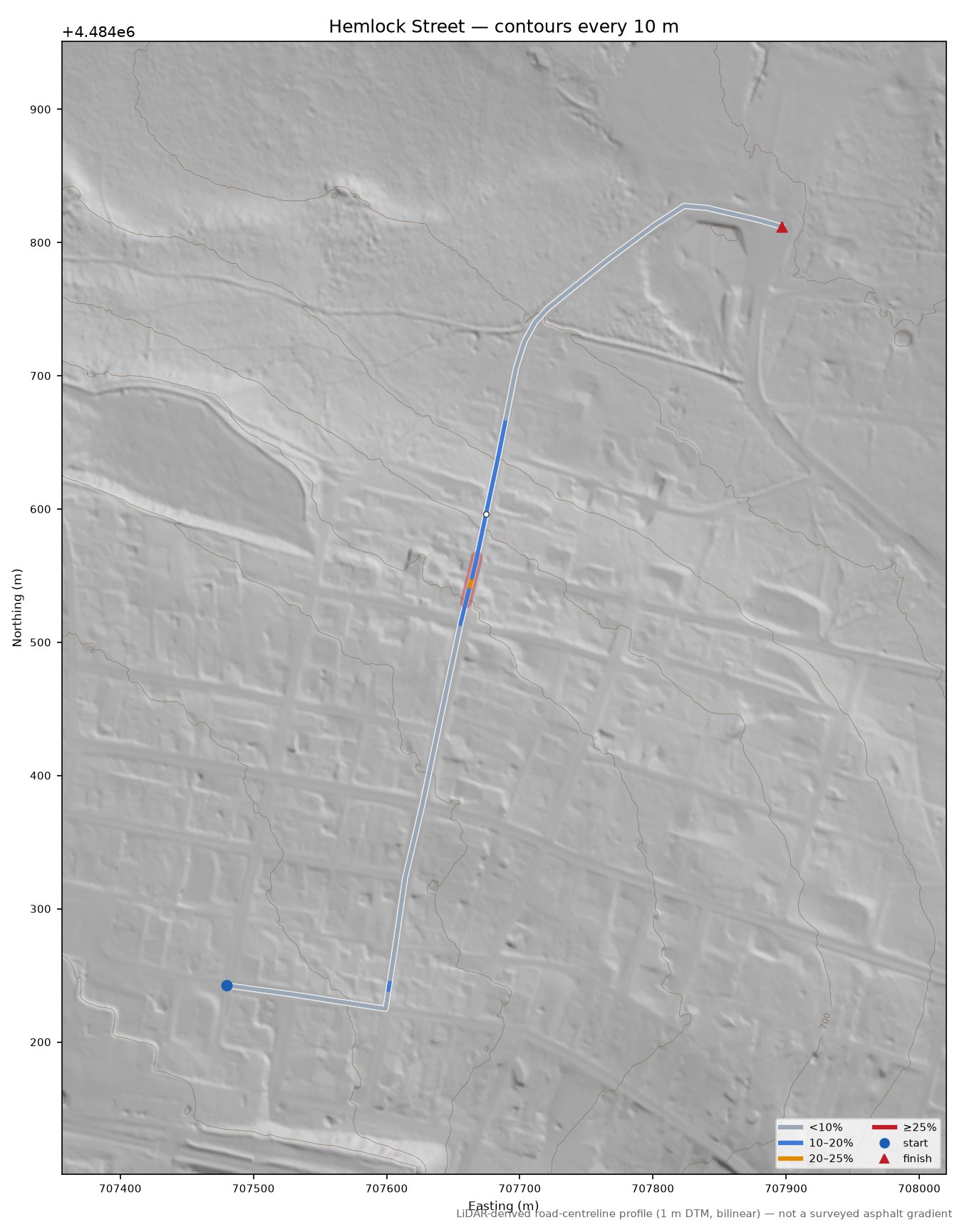 Hemlock Street LiDAR hillshade map with contours