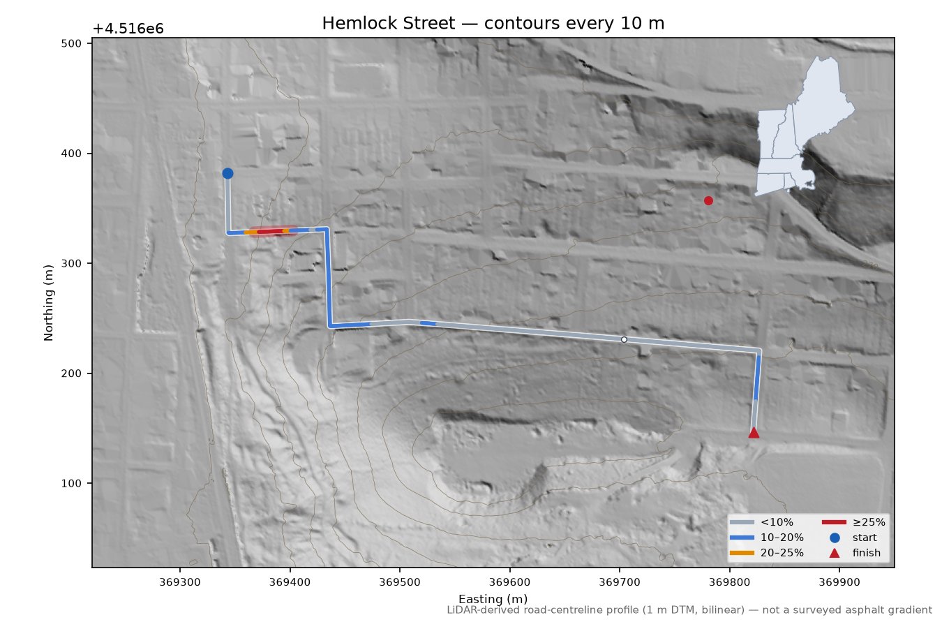 Hemlock Street LiDAR hillshade map with contours