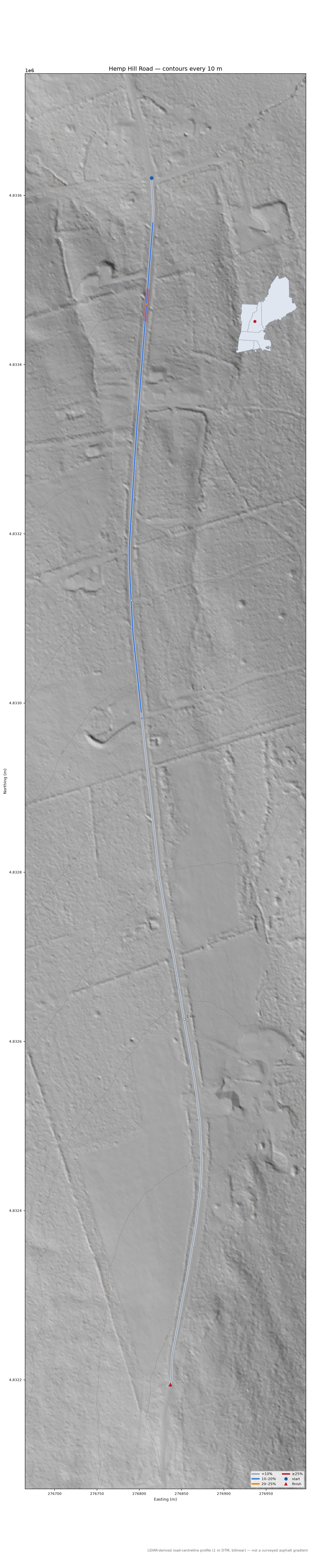 Hemp Hill Road LiDAR hillshade map with contours