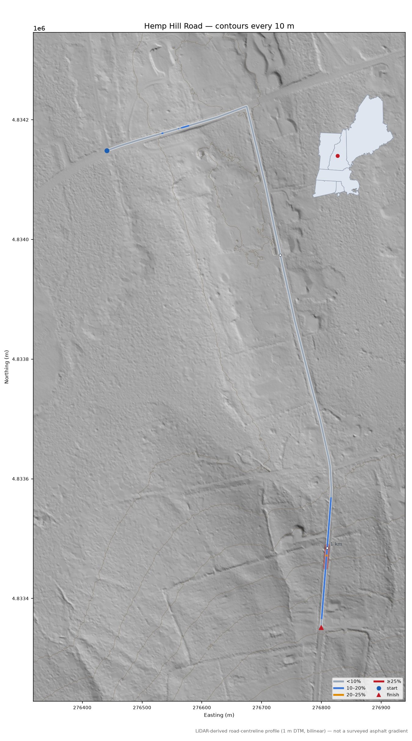 Hemp Hill Road LiDAR hillshade map with contours