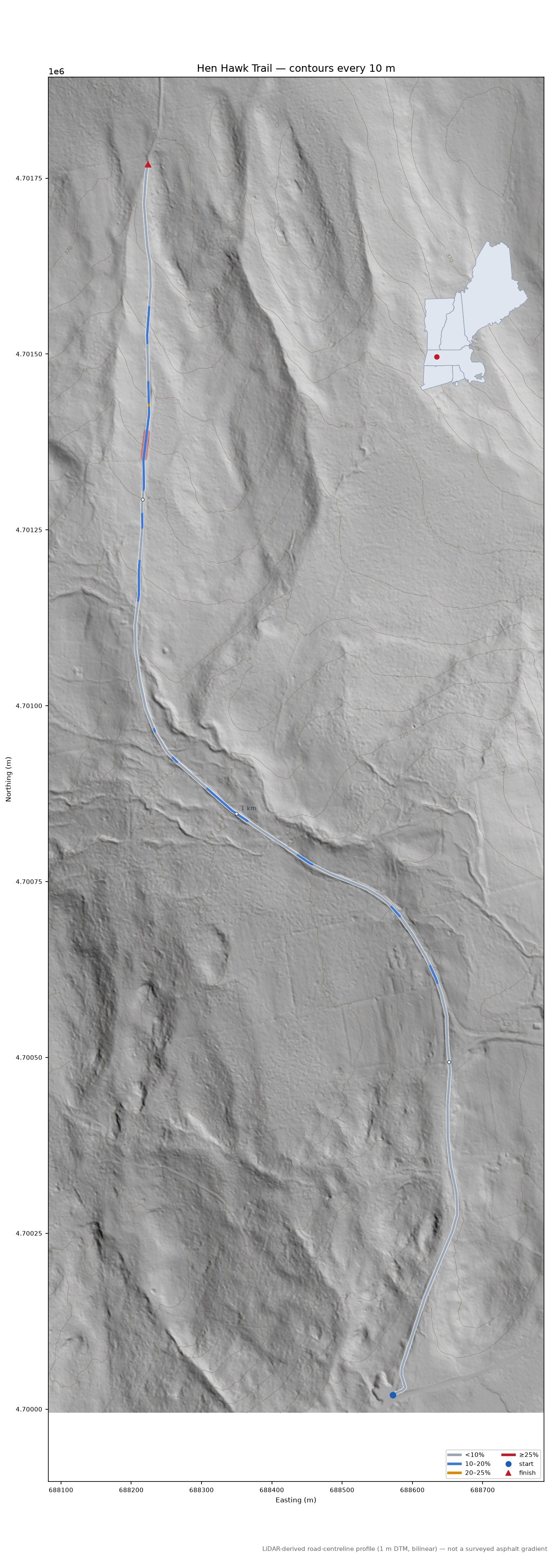 Hen Hawk Trail LiDAR hillshade map with contours