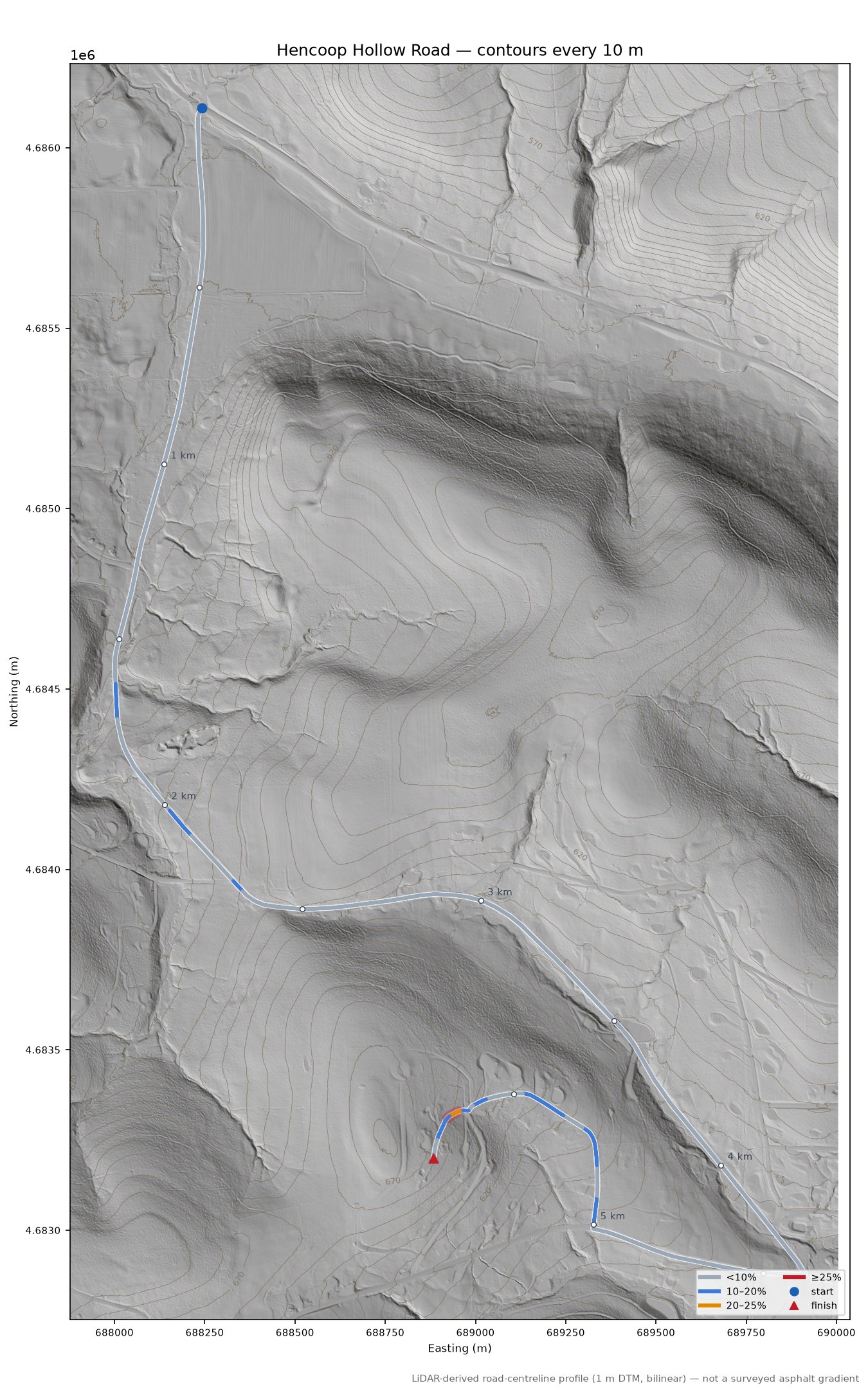 Hencoop Hollow Road LiDAR hillshade map with contours