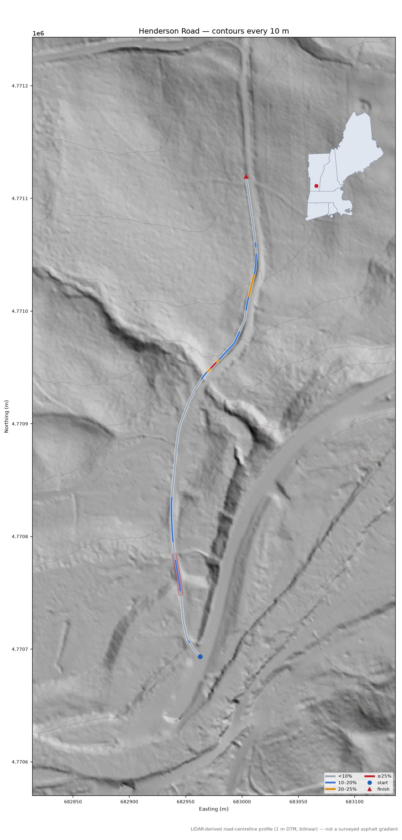 Henderson Road LiDAR hillshade map with contours