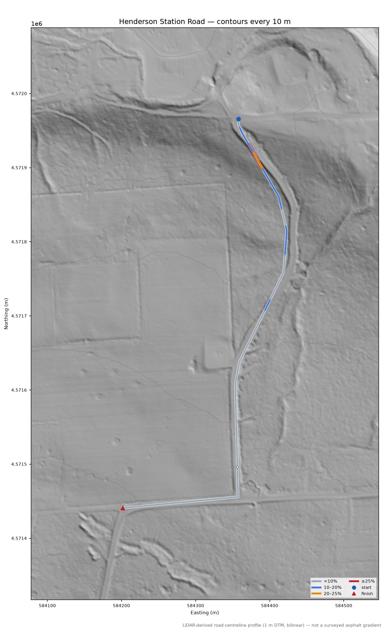 Henderson Station Road LiDAR hillshade map with contours