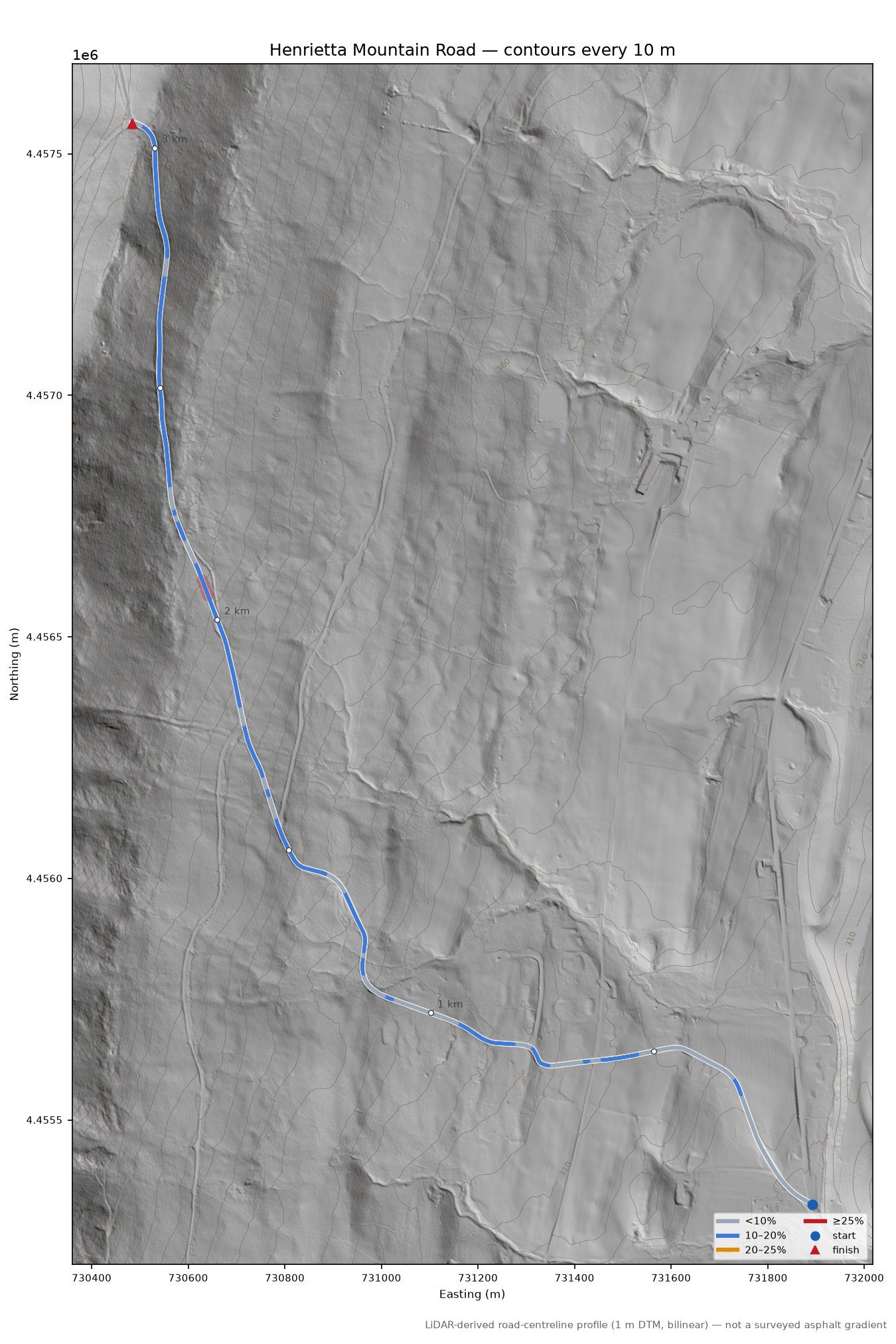 Henrietta Mountain Road LiDAR hillshade map with contours