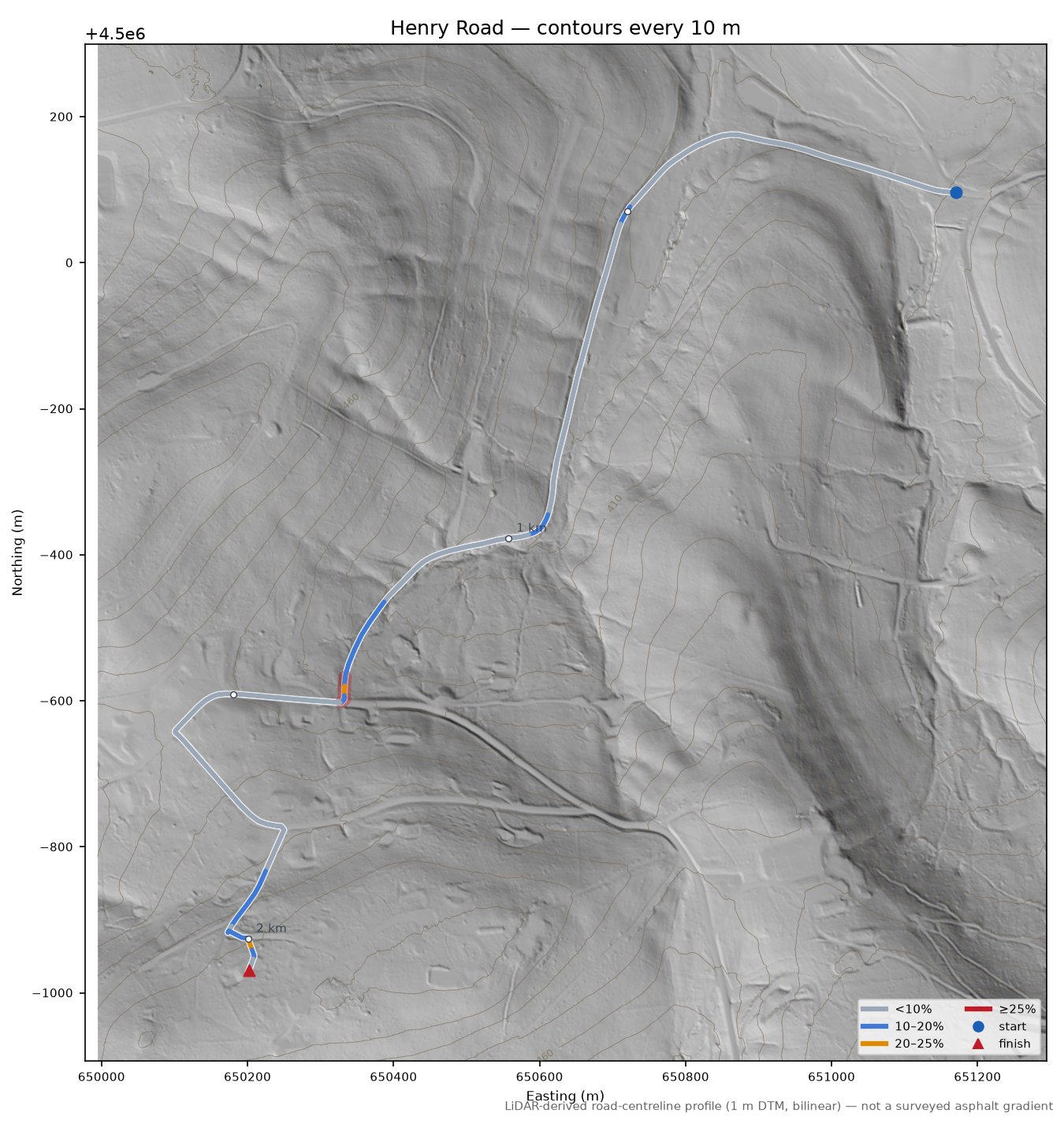 Henry Road LiDAR hillshade map with contours