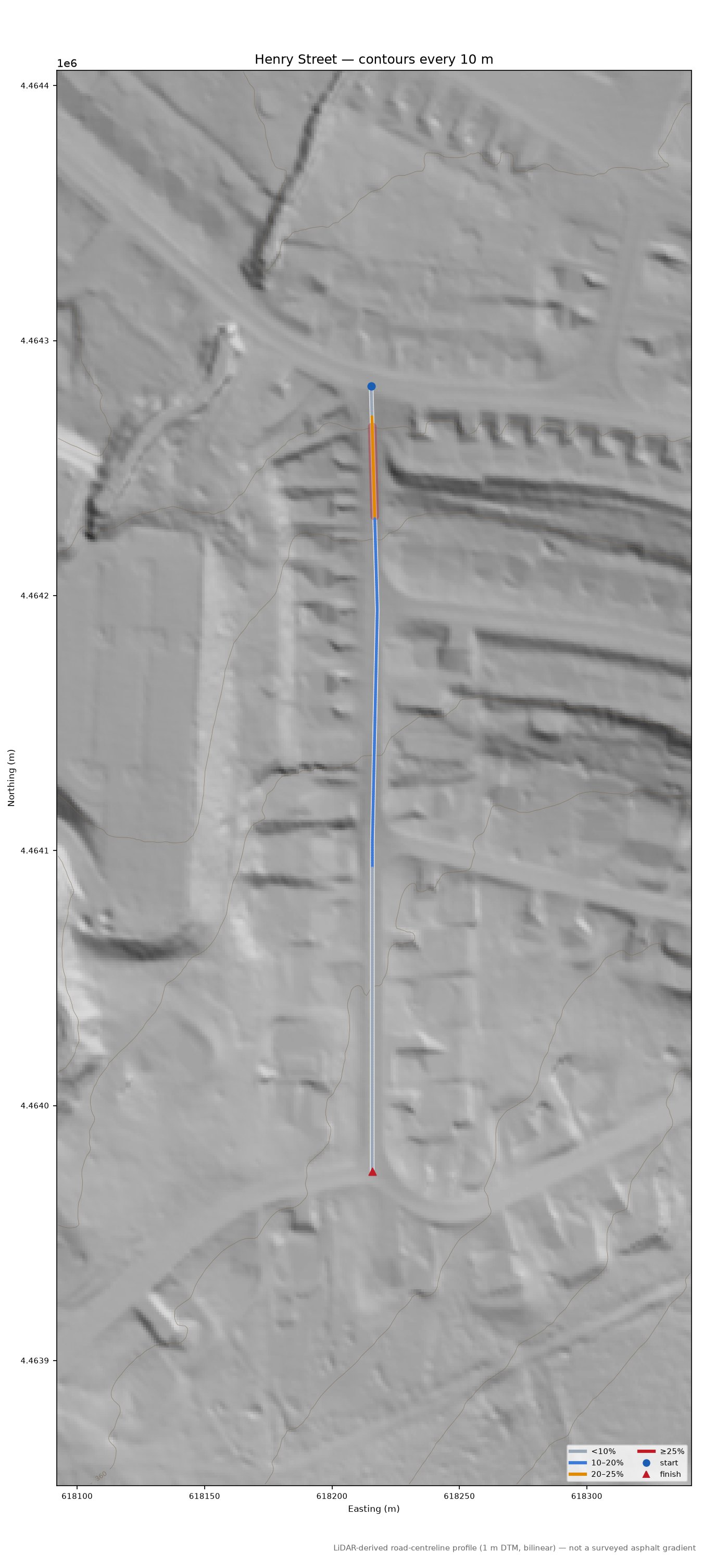 Henry Street LiDAR hillshade map with contours