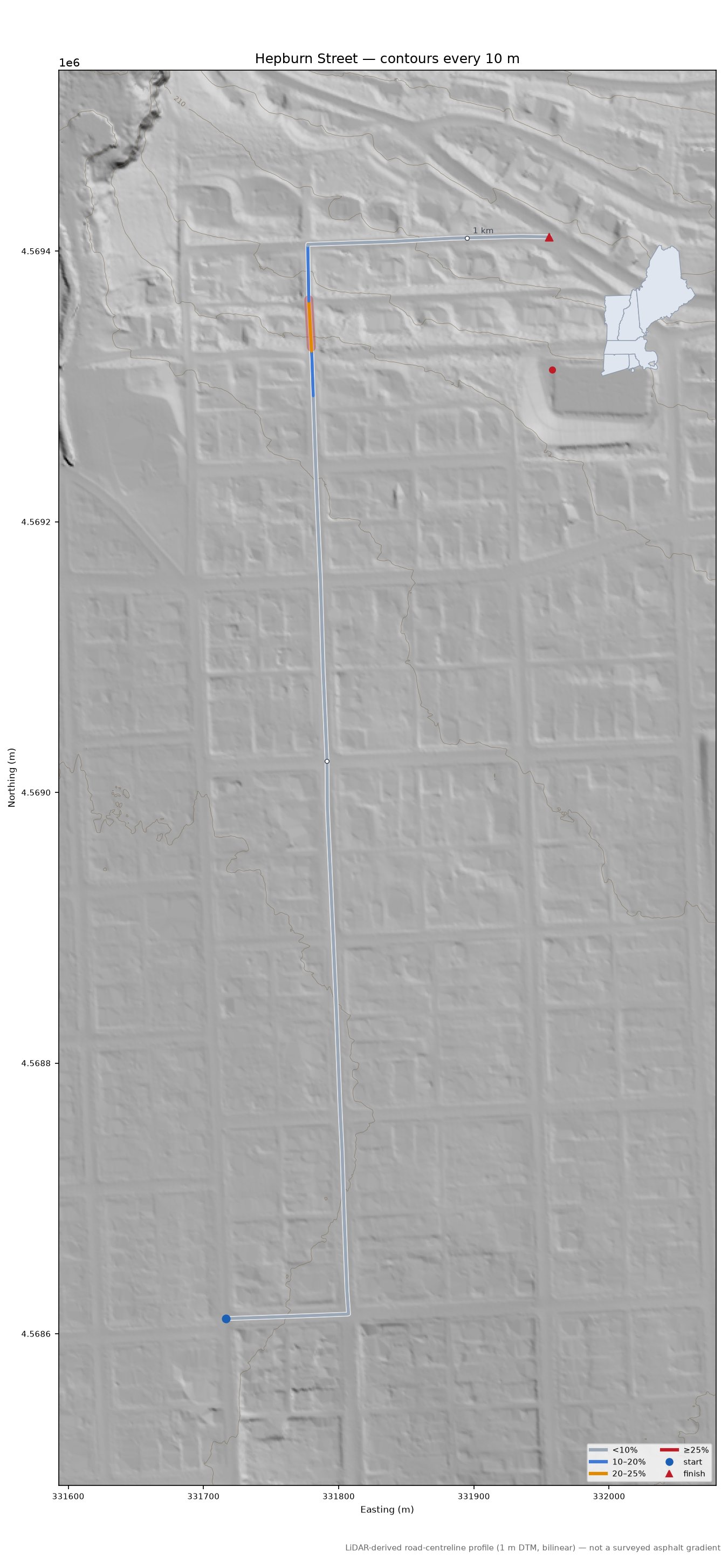 Hepburn Street LiDAR hillshade map with contours