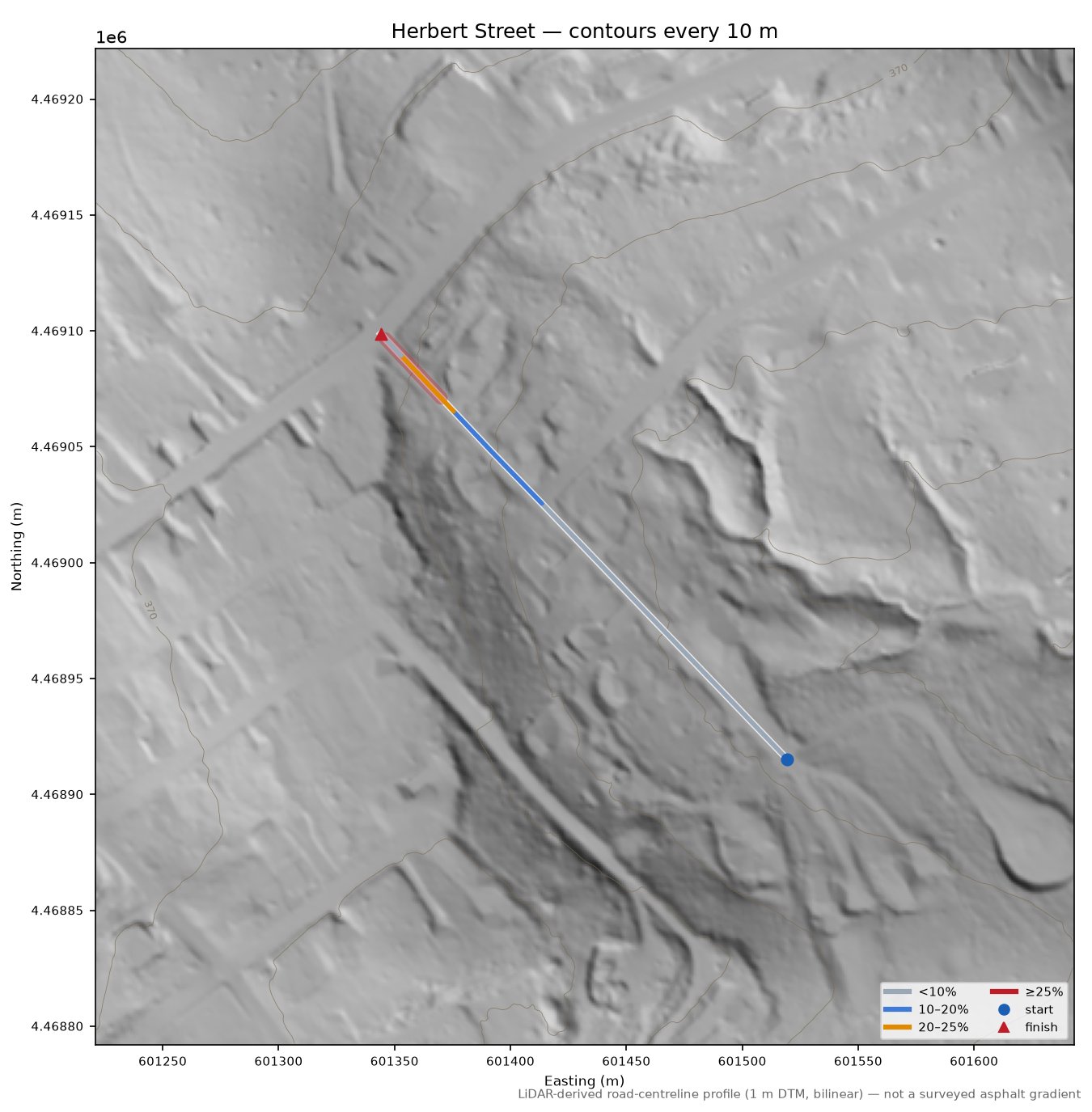 Herbert Street LiDAR hillshade map with contours