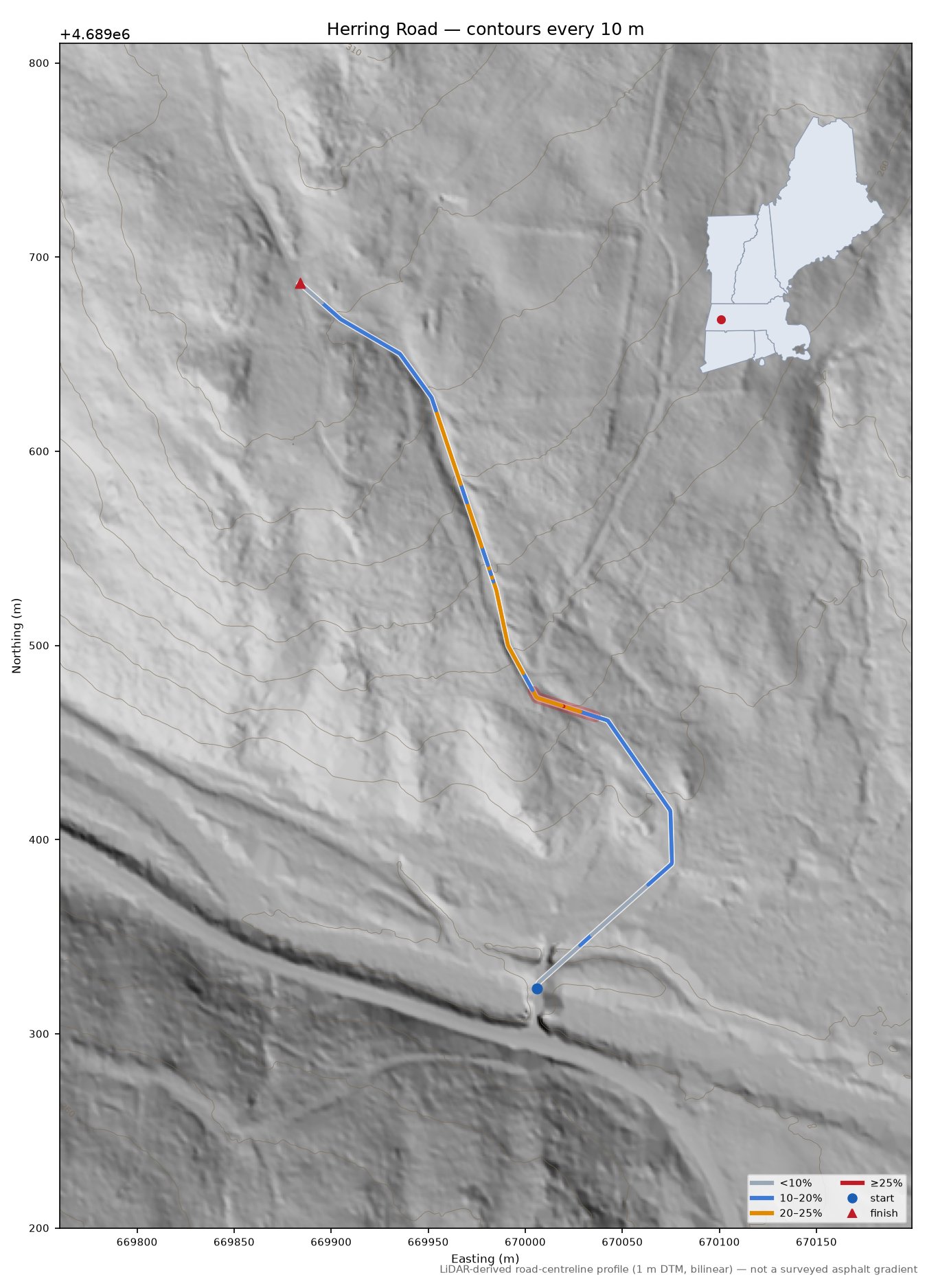 Herring Road LiDAR hillshade map with contours