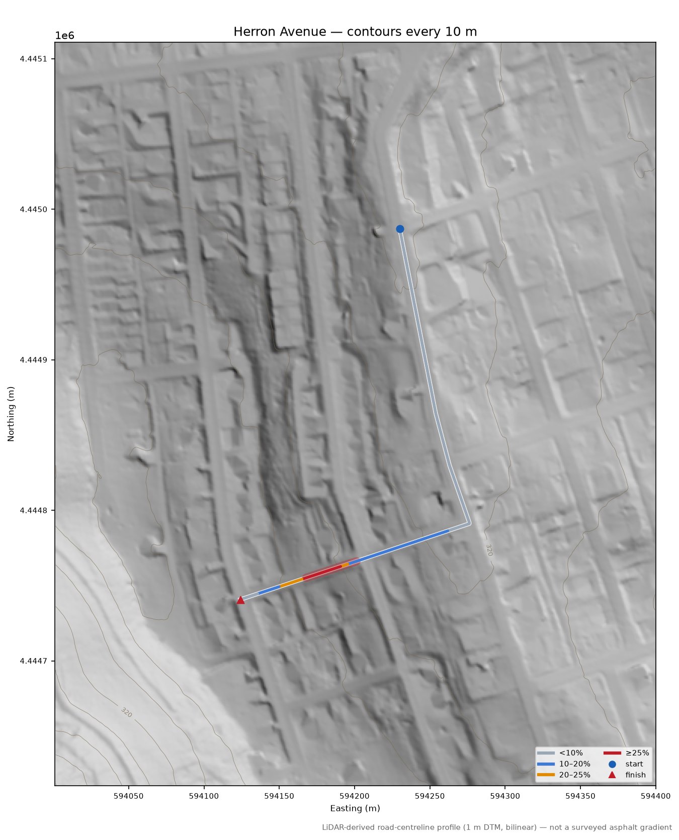 Herron Avenue LiDAR hillshade map with contours