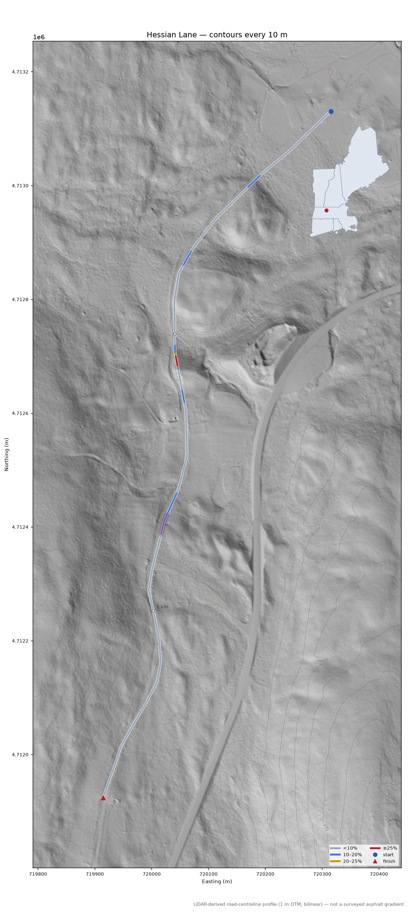 Hessian Lane LiDAR hillshade map with contours