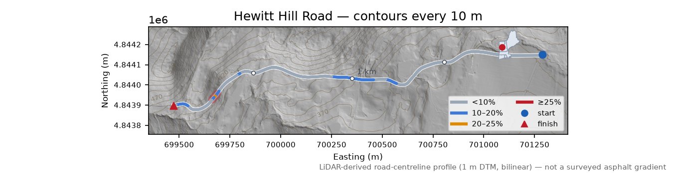 Hewitt Hill Road LiDAR hillshade map with contours
