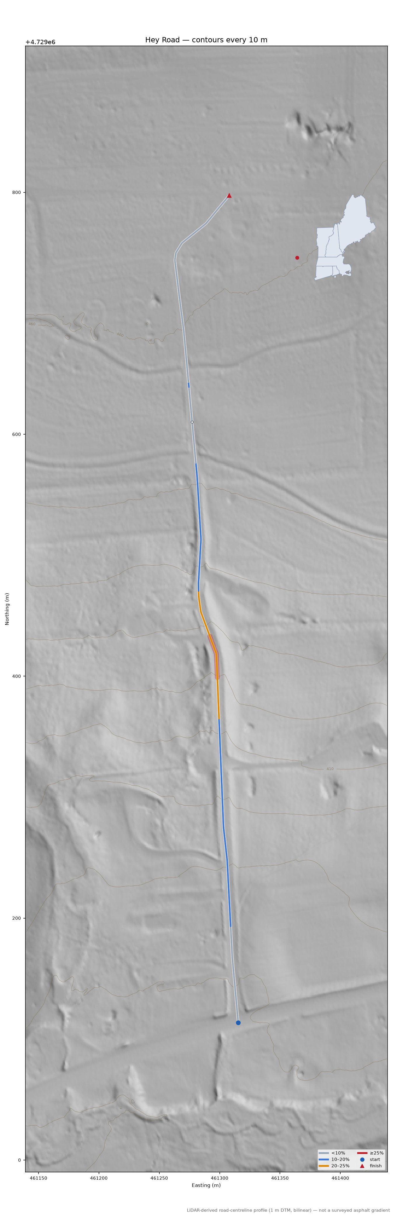 Hey Road LiDAR hillshade map with contours