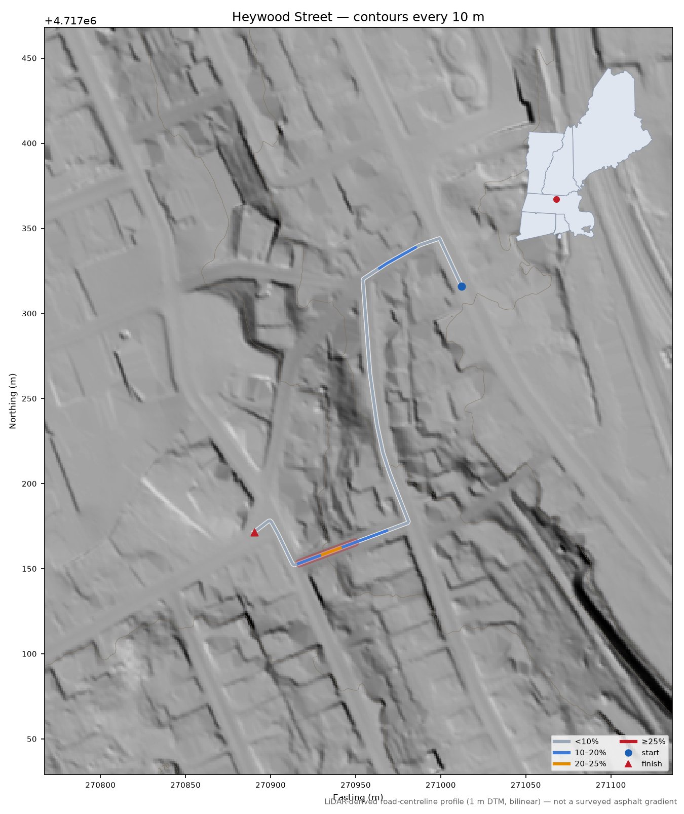 Heywood Street LiDAR hillshade map with contours