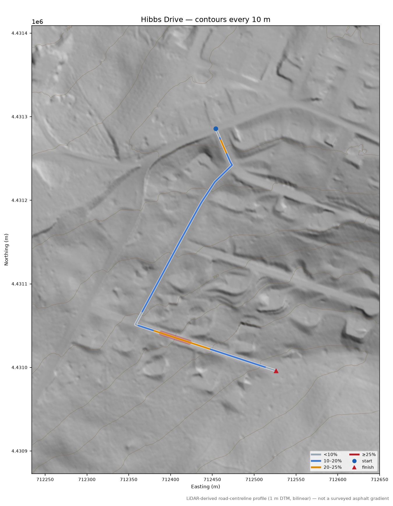 Hibbs Drive LiDAR hillshade map with contours