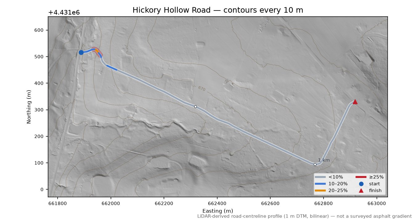 Hickory Hollow Road LiDAR hillshade map with contours