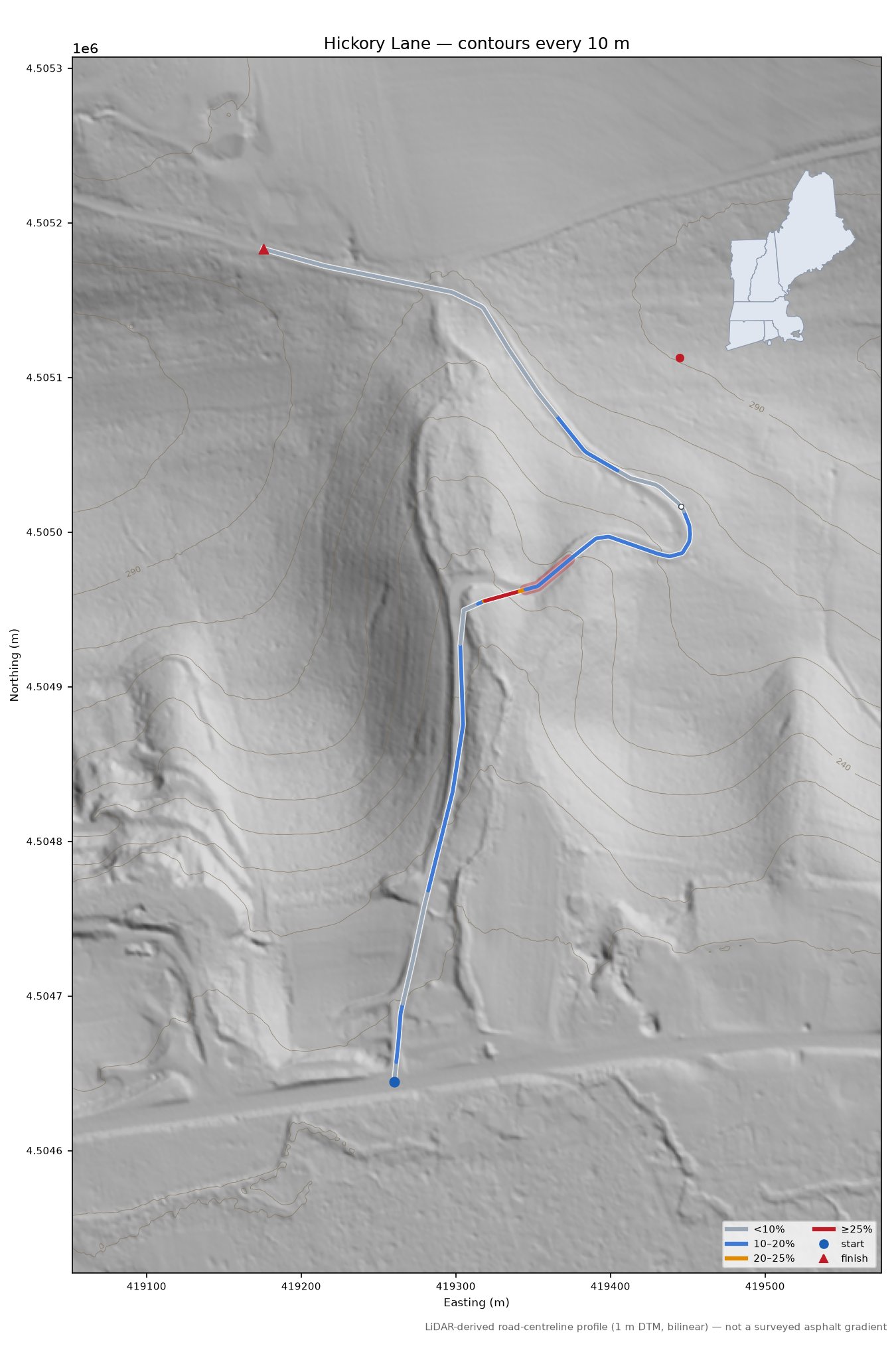 Hickory Lane LiDAR hillshade map with contours