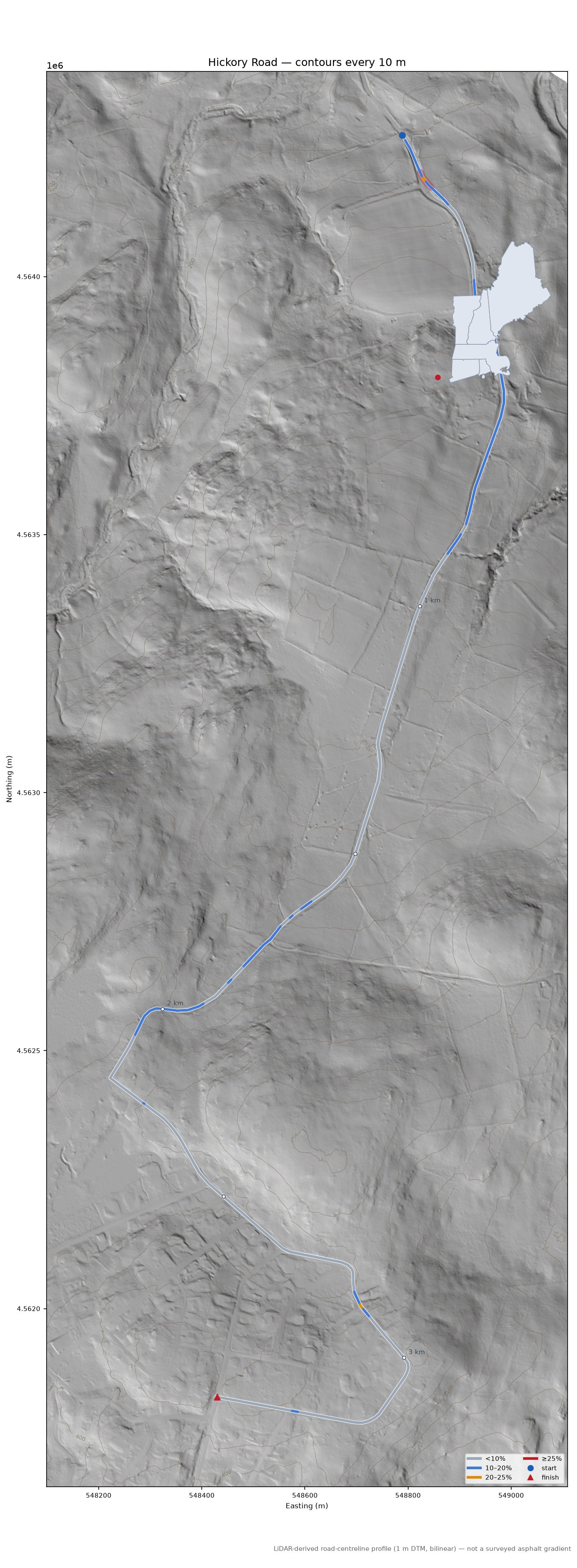Hickory Road LiDAR hillshade map with contours