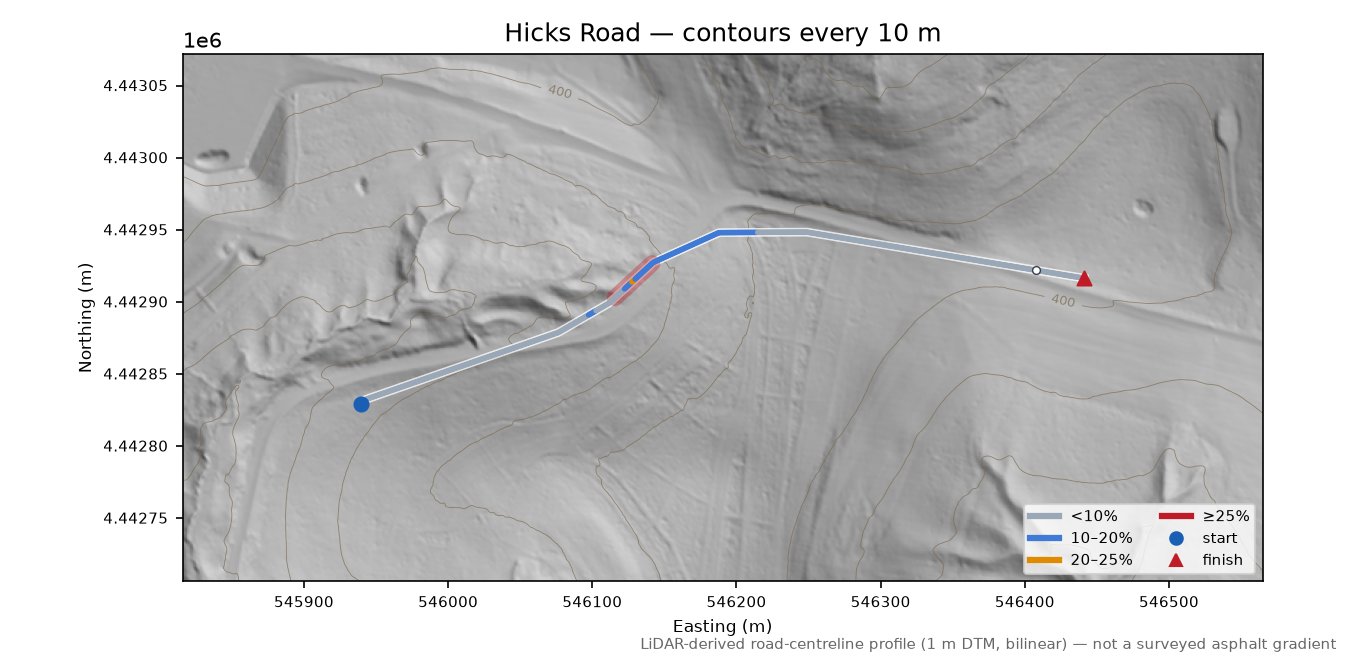 Hicks Road LiDAR hillshade map with contours