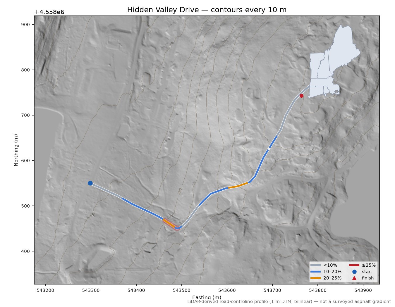 Hidden Valley Drive LiDAR hillshade map with contours