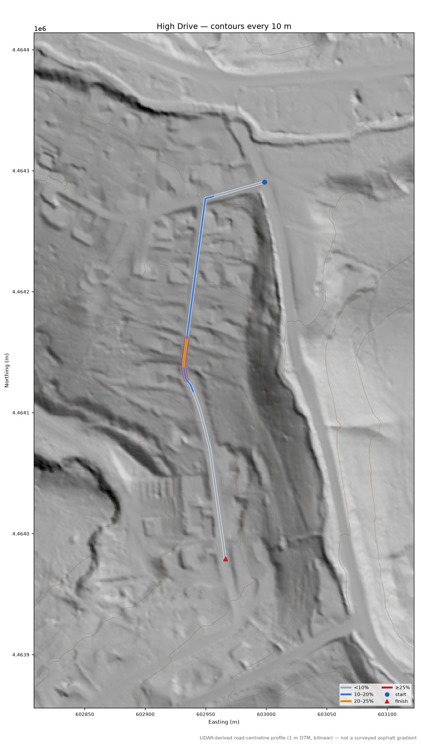 High Drive LiDAR hillshade map with contours