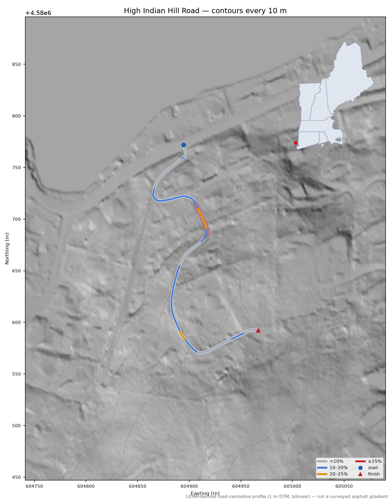 High Indian Hill Road LiDAR hillshade map with contours