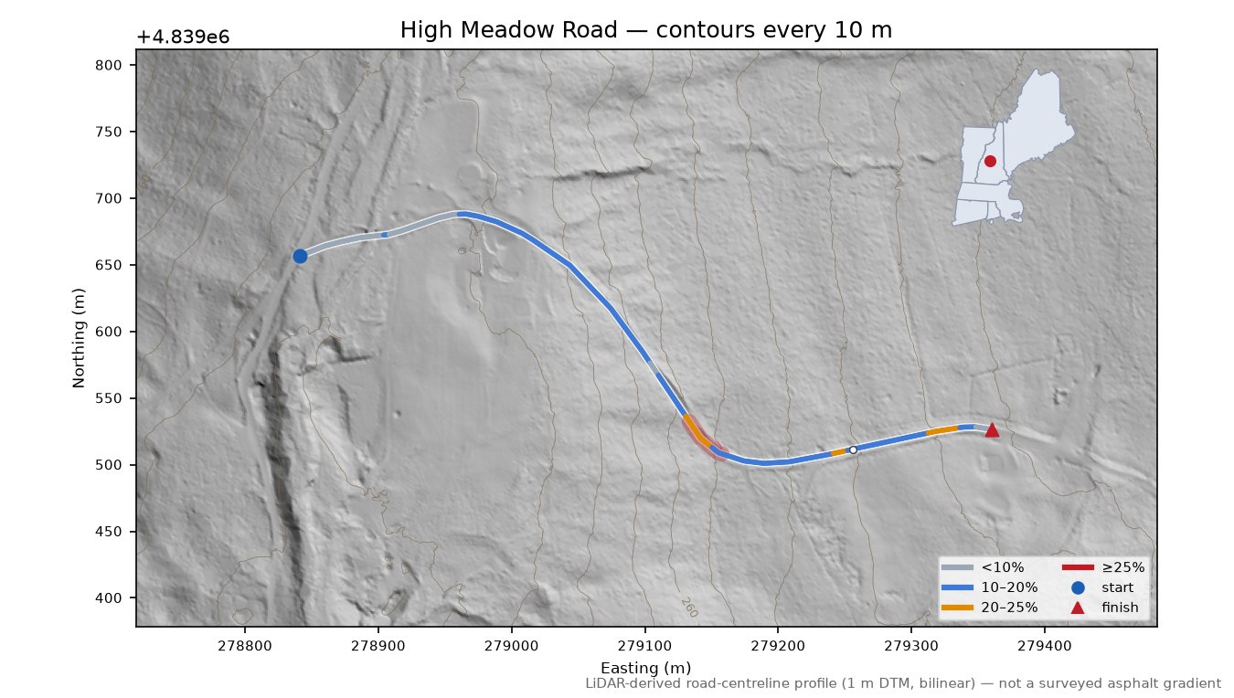 High Meadow Road LiDAR hillshade map with contours