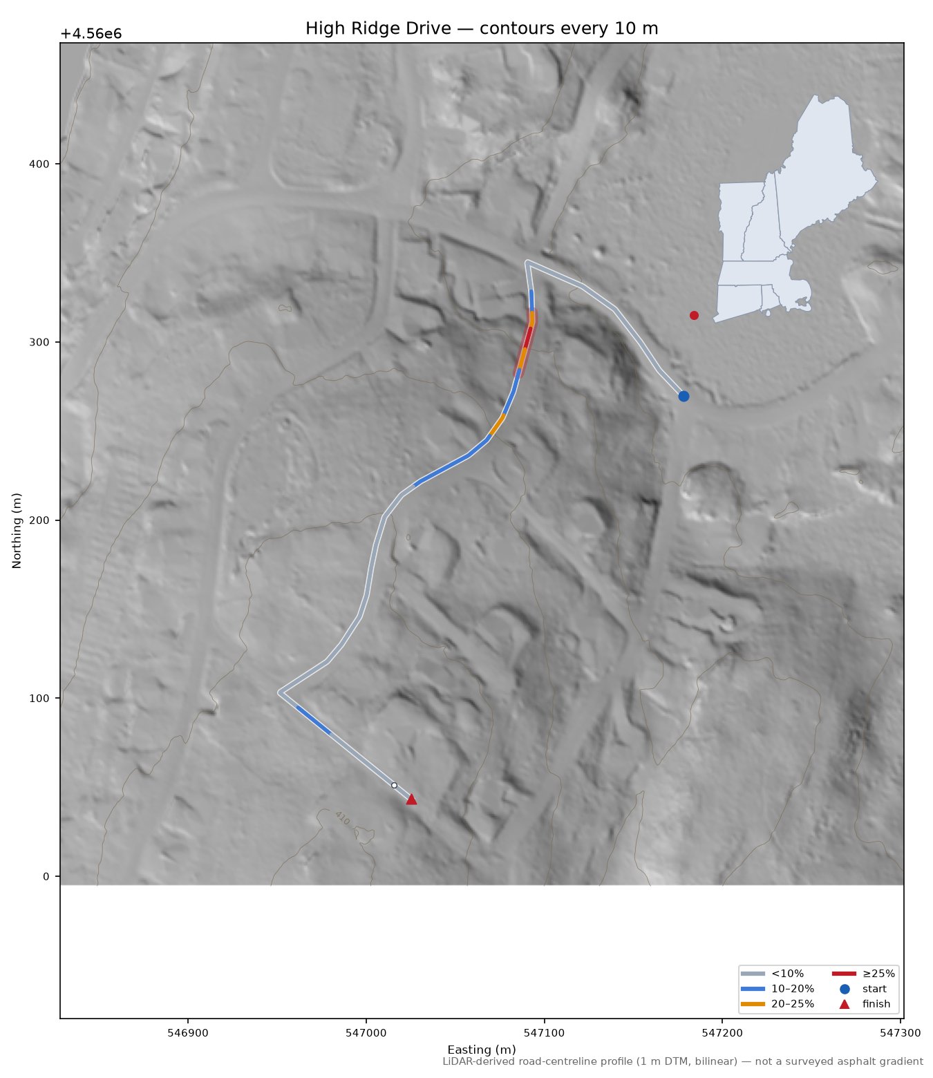 High Ridge Drive LiDAR hillshade map with contours