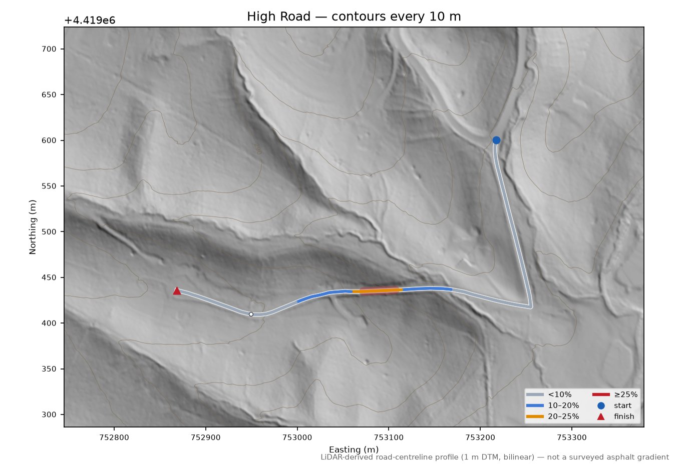 High Road LiDAR hillshade map with contours