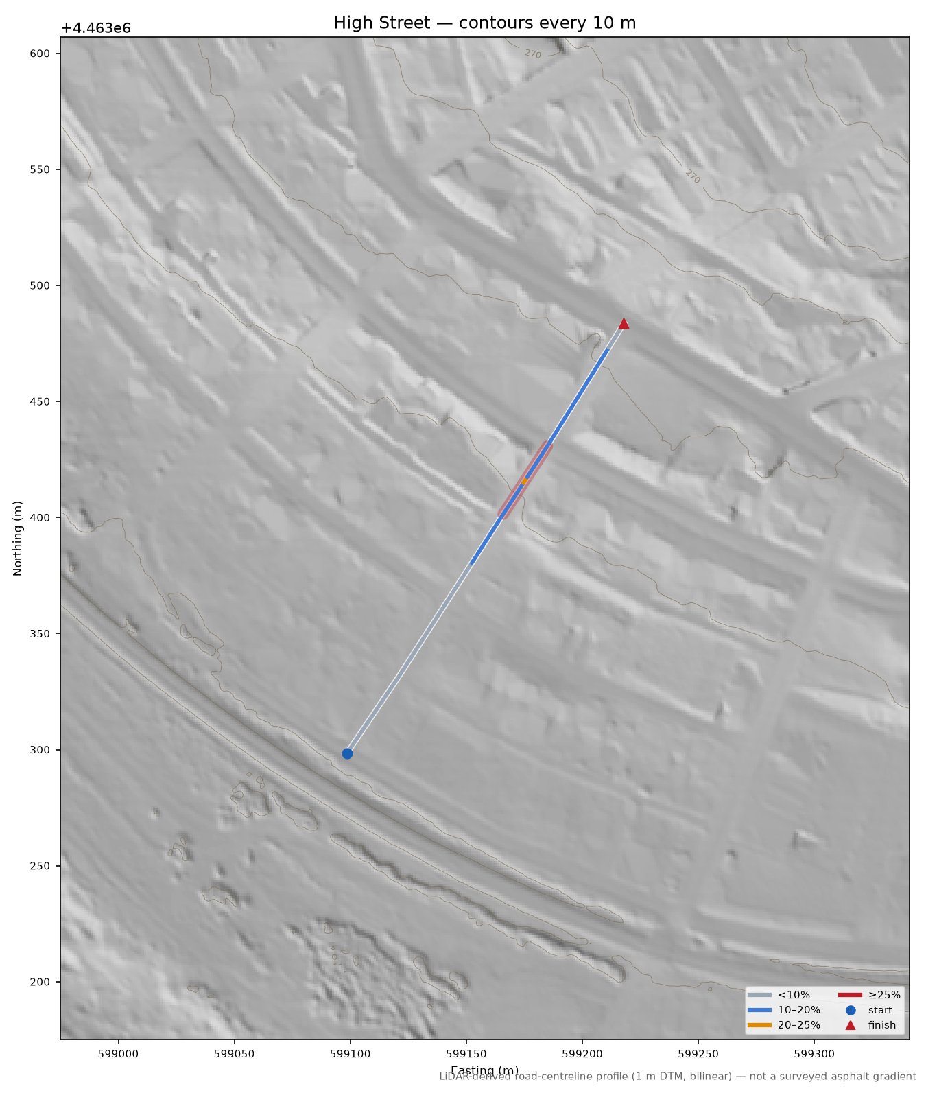 High Street LiDAR hillshade map with contours