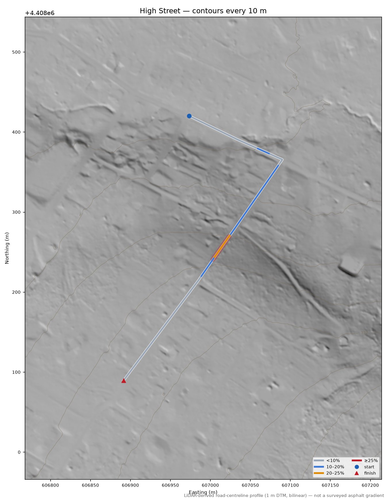 High Street LiDAR hillshade map with contours