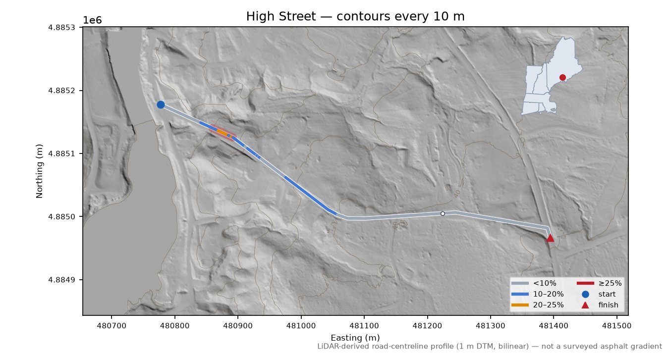 High Street LiDAR hillshade map with contours