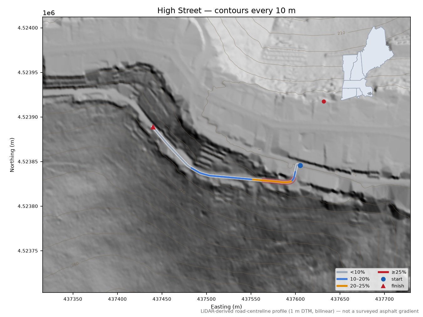 High Street LiDAR hillshade map with contours