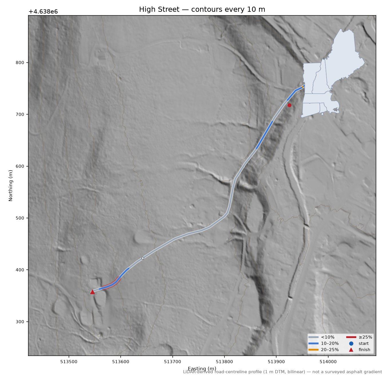 High Street LiDAR hillshade map with contours