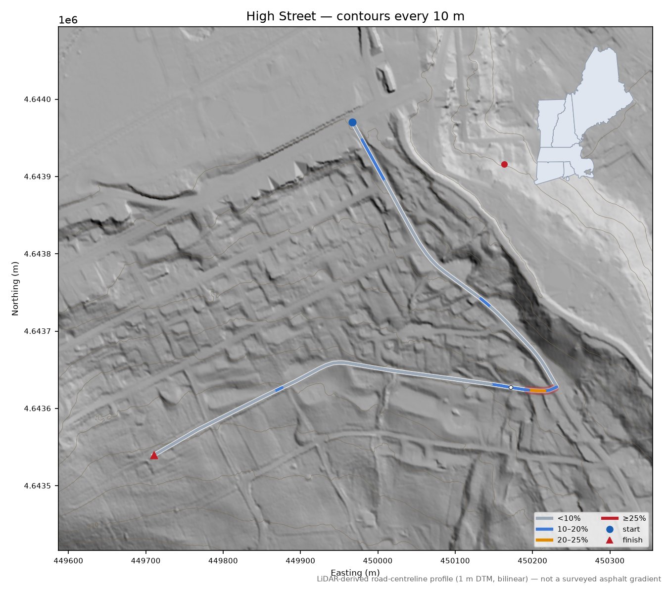 High Street LiDAR hillshade map with contours