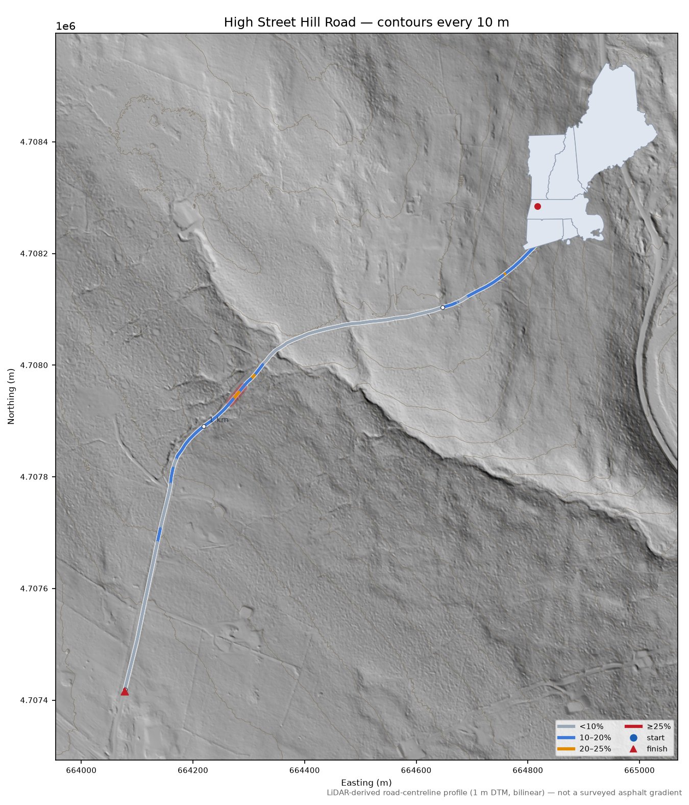 High Street Hill Road LiDAR hillshade map with contours