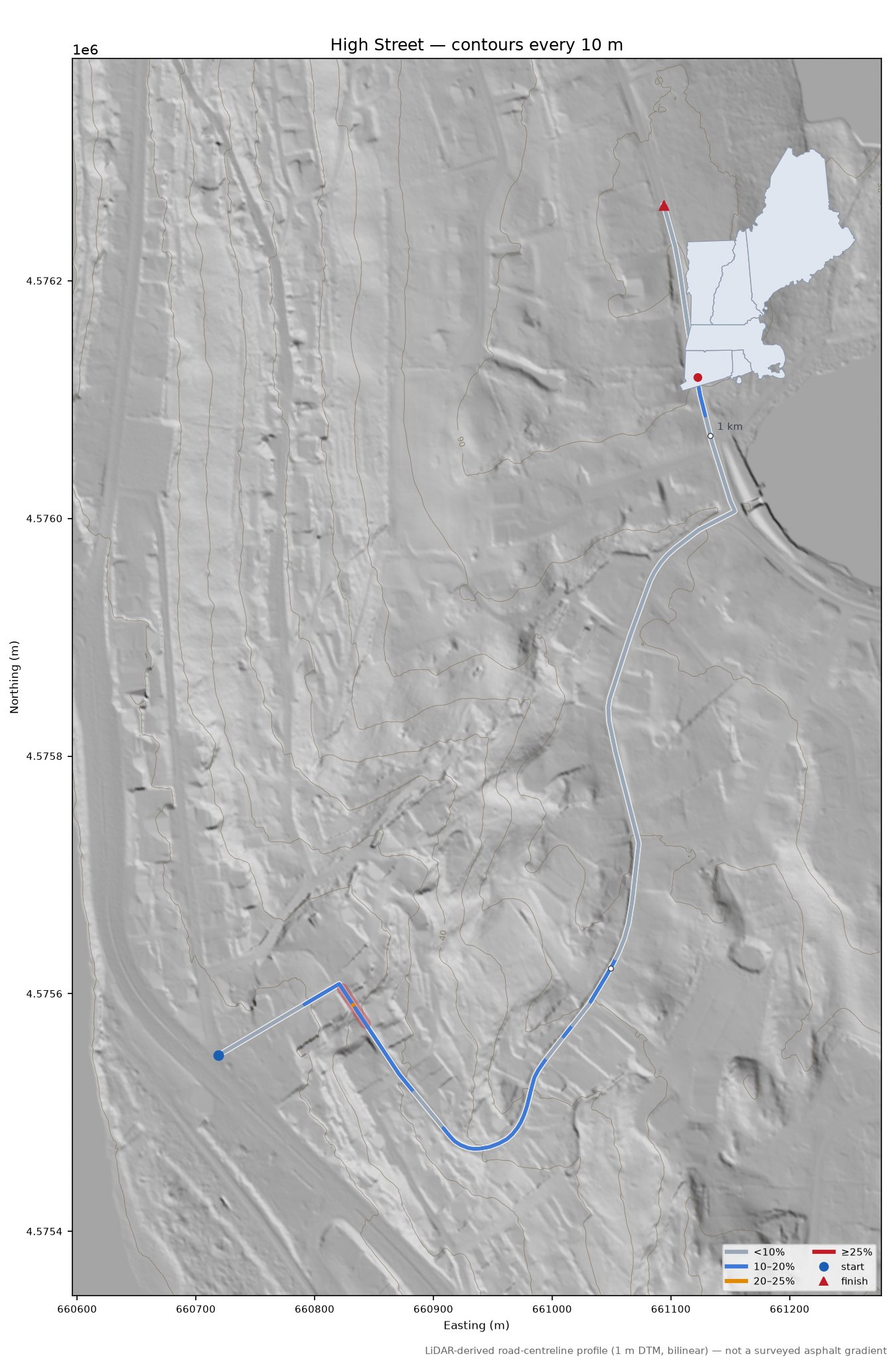 High Street LiDAR hillshade map with contours