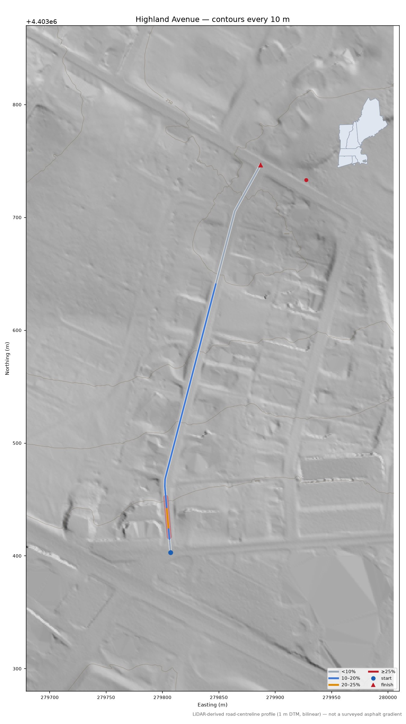 Highland Avenue LiDAR hillshade map with contours