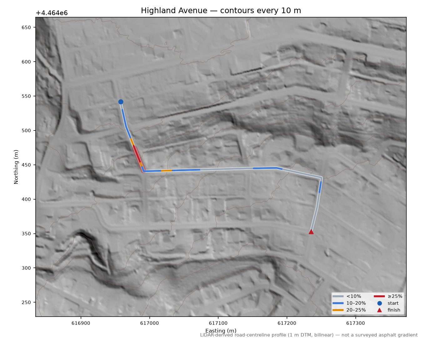 Highland Avenue LiDAR hillshade map with contours