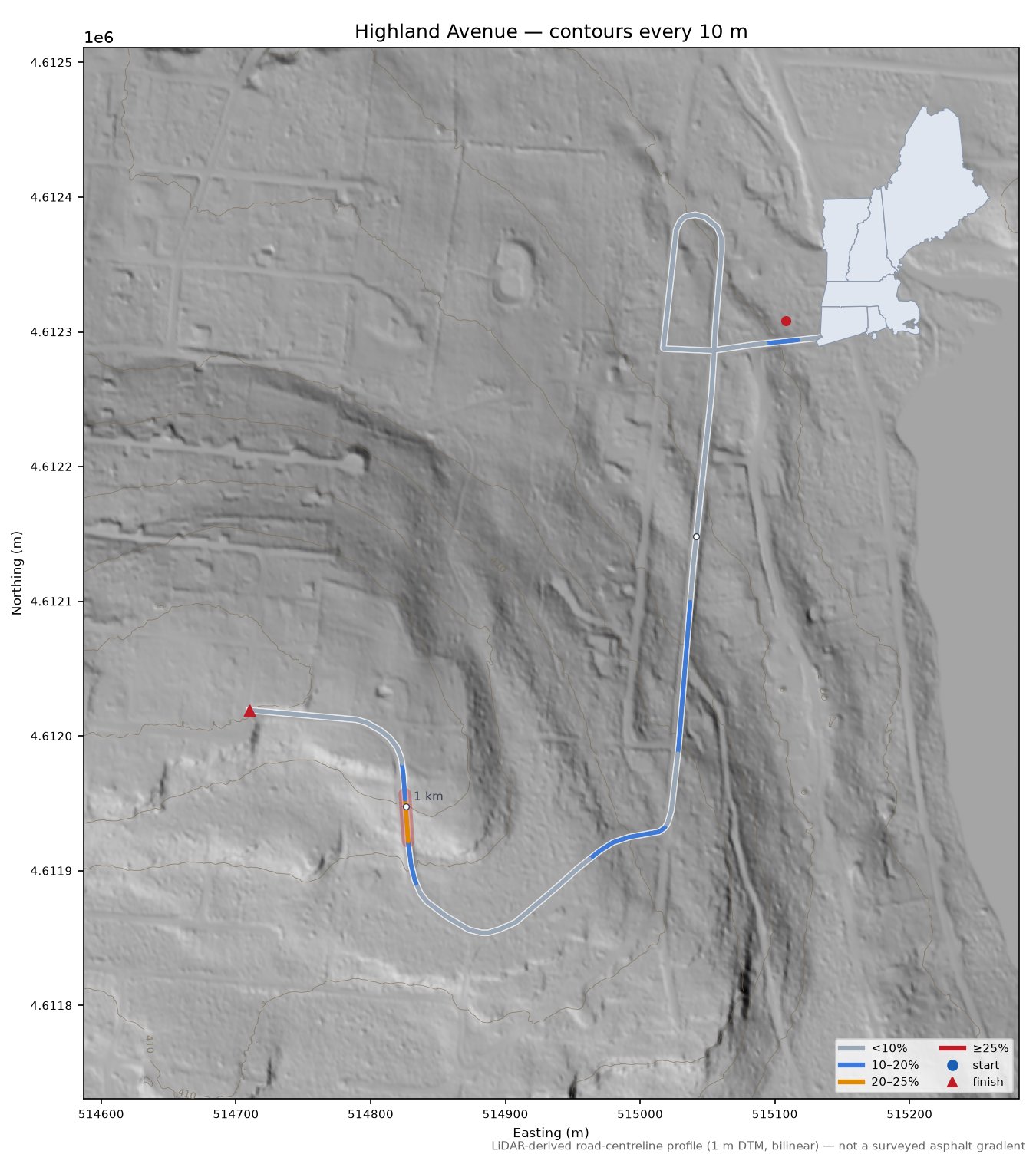 Highland Avenue LiDAR hillshade map with contours