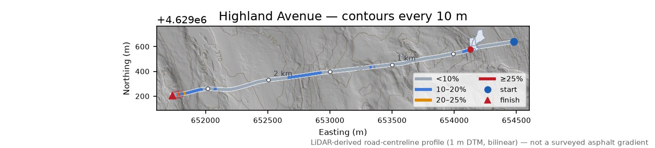 Highland Avenue LiDAR hillshade map with contours
