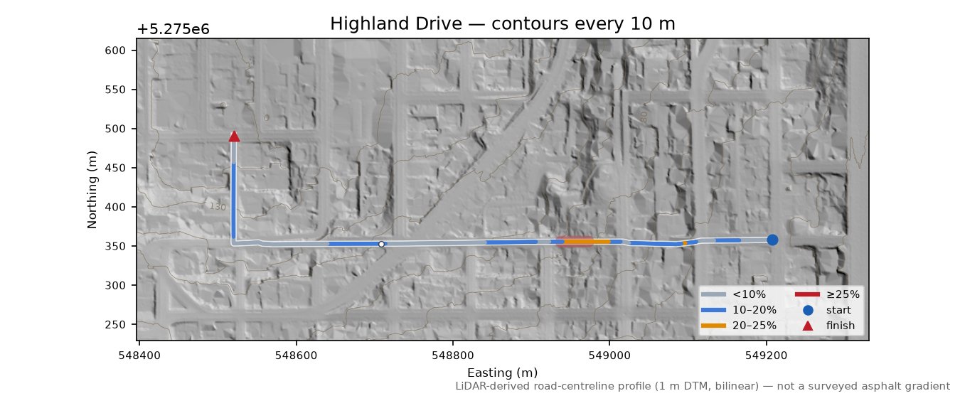 Highland Drive LiDAR hillshade map with contours