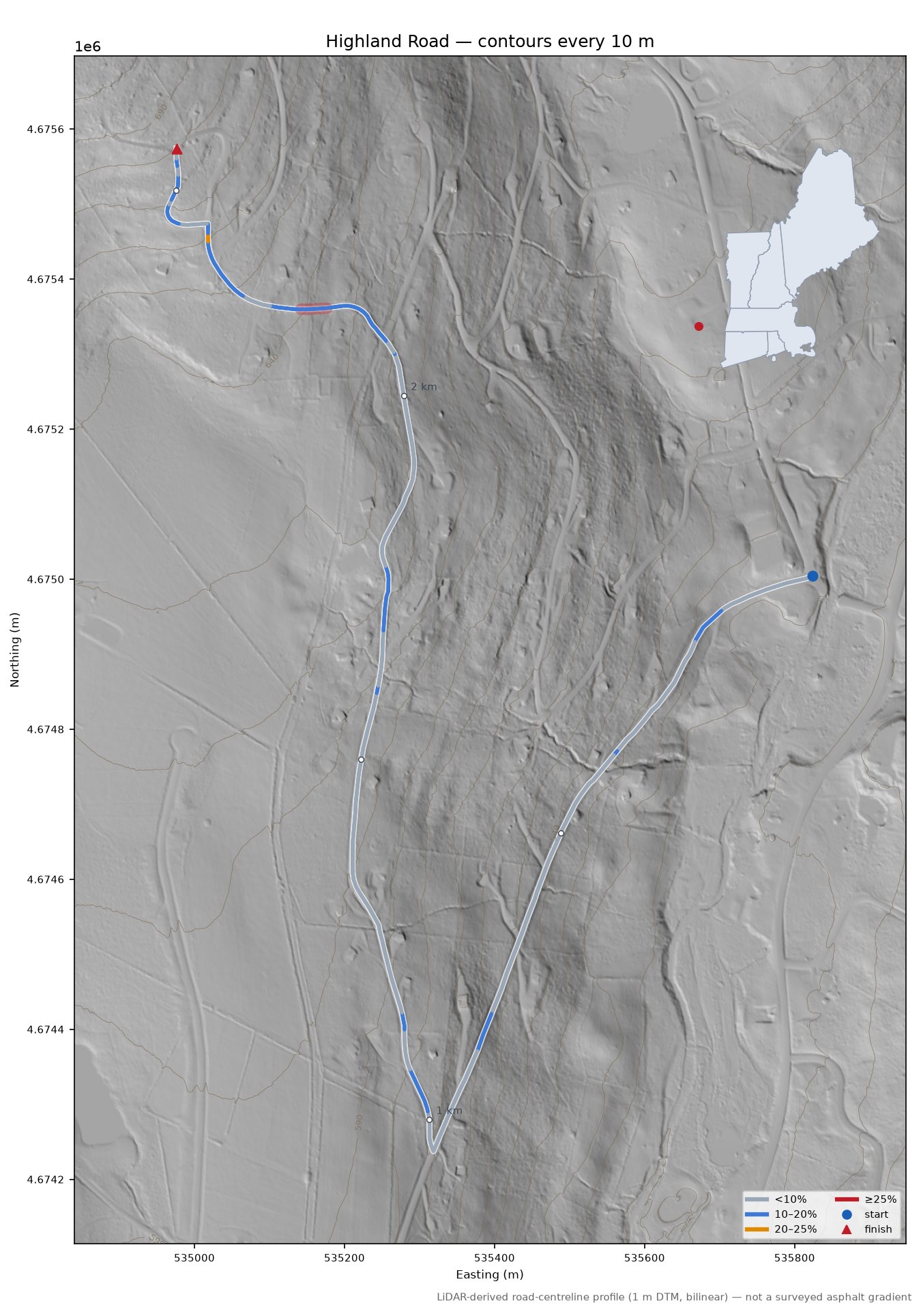 Highland Road LiDAR hillshade map with contours